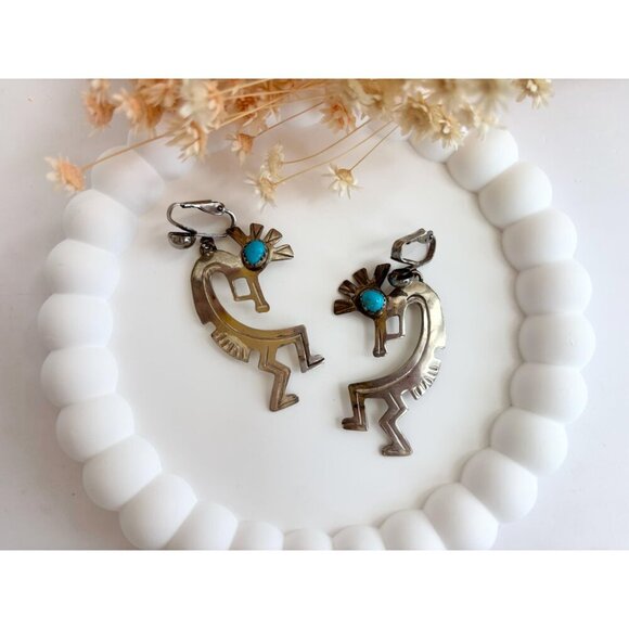 Kokopelli Sleeping Beauty Turquoise Sterling Silver Mexican Vintage Earrings - Picture 2 of 10